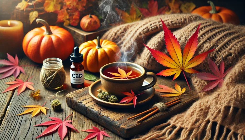 A cozy autumn scene with a warm cup of CBD-infused tea, a soft blanket, and fall leaves in the background, suggesting a calm and relaxing seasonal vibe.