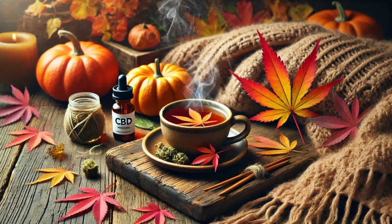 A cozy autumn scene with a warm cup of CBD-infused tea, a soft blanket, and fall leaves in the background, suggesting a calm and relaxing seasonal vibe.