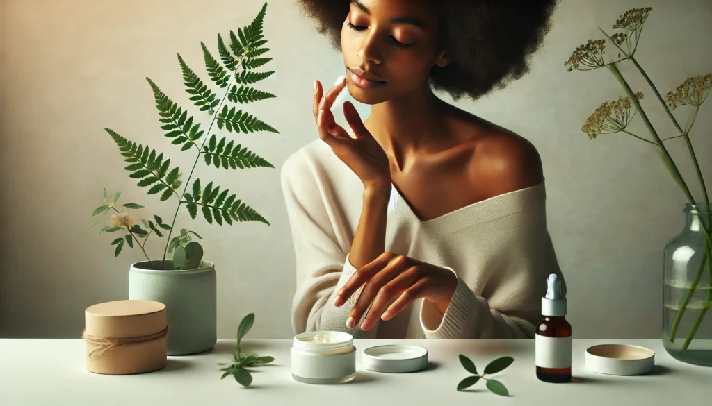 A serene morning scene with natural self-care products, including oils and balms, placed beside a calm setting like plants, candles, and tea.