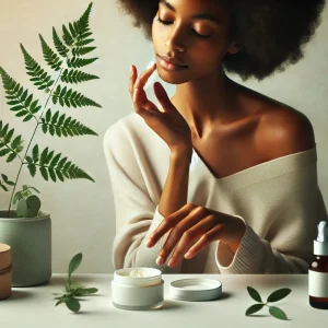 A serene morning scene with natural self-care products, including oils and balms, placed beside a calm setting like plants, candles, and tea.