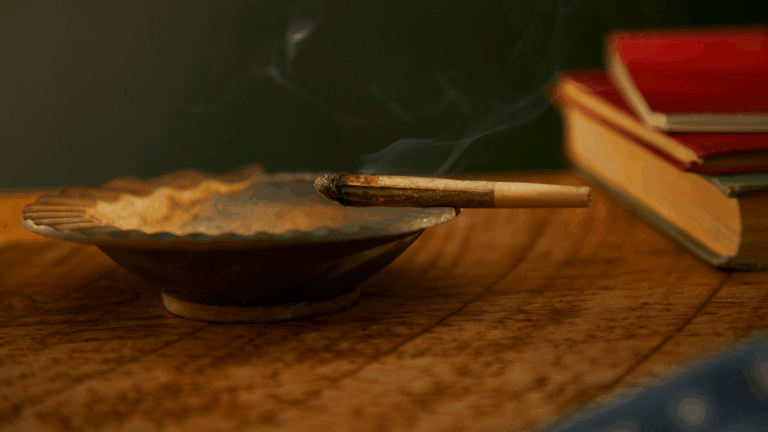 Lit joint resting on edge of bowl
