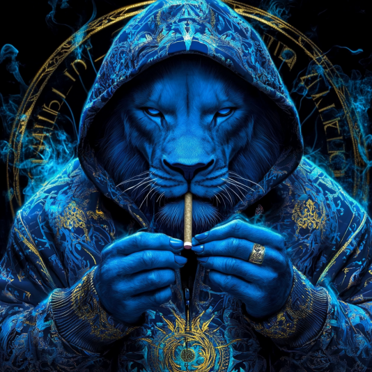 Blue lion holding joint